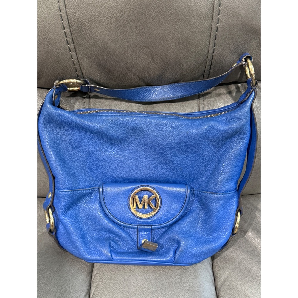 Michael Kors Cobalt Blue Pebbled Leather Hobo Bag Gold Hardware Logo Medallion